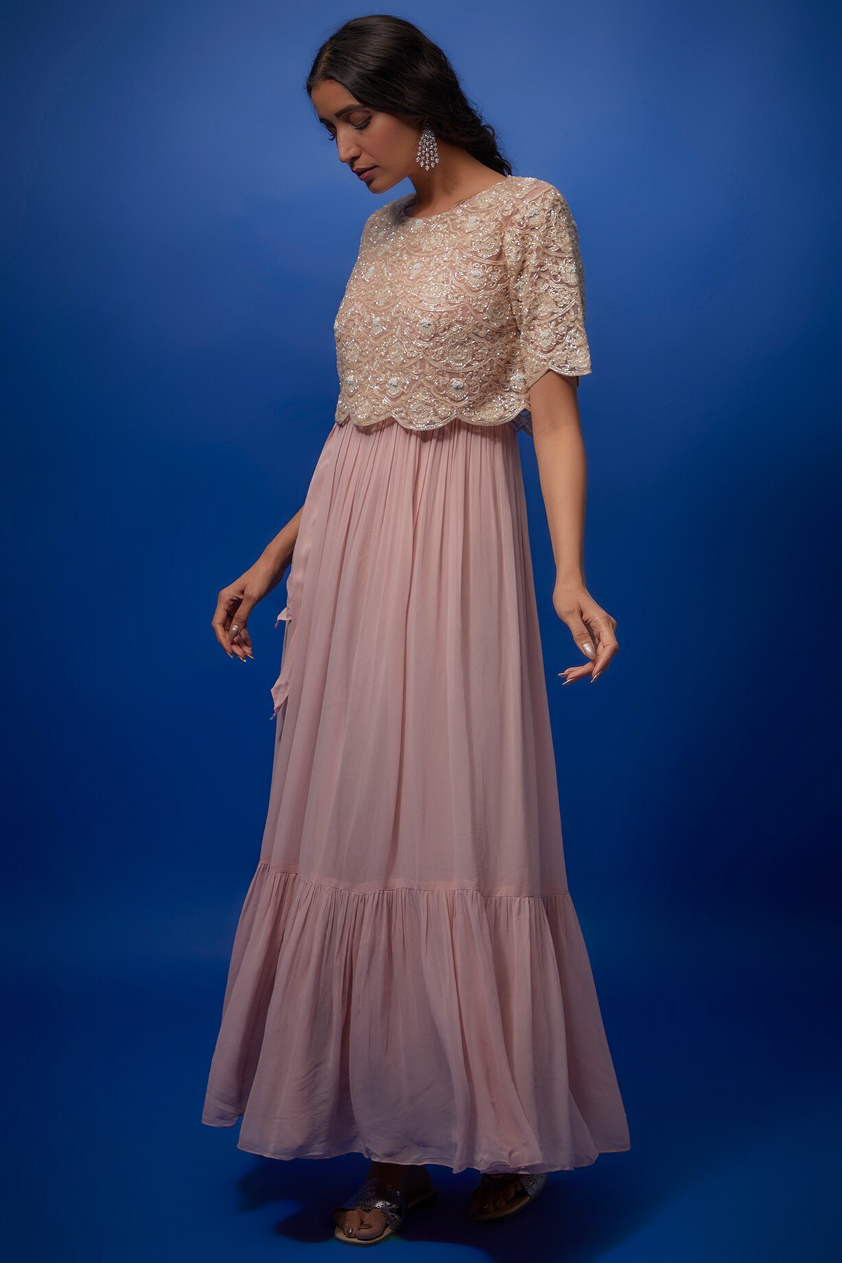 Long Dress With Overlay Top Buy Pink Georgette, Net Embroidery Round Neck  Chandelier Dress With Overlay