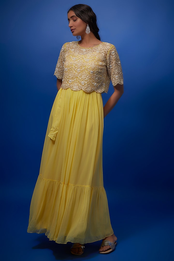 Yellow Georgette Chandelier Dress With Embroidered Crop Top by Summer by Priyanka Gupta