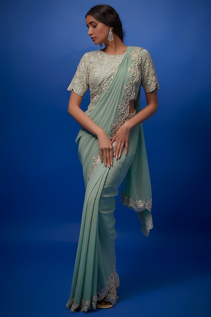 Teal Georgette Embroidered Saree Set by Summer by Priyanka Gupta