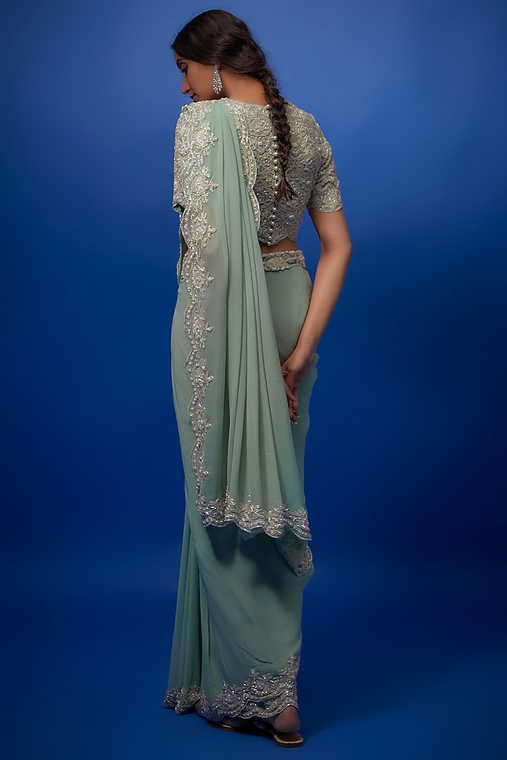 Teal Georgette Embroidered Reception Saree Set by Summer by Priyanka Gupta at Pernia's Pop Up Shop