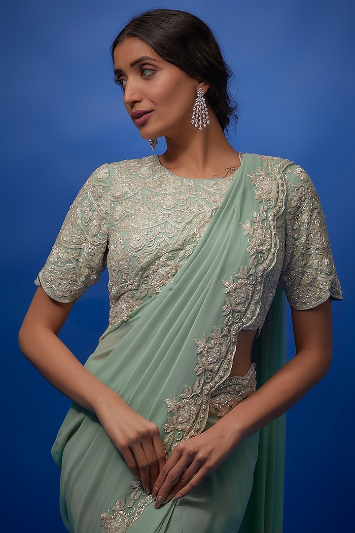 Teal Georgette Embroidered Reception Saree Set by Summer by Priyanka Gupta at Pernia's Pop Up Shop