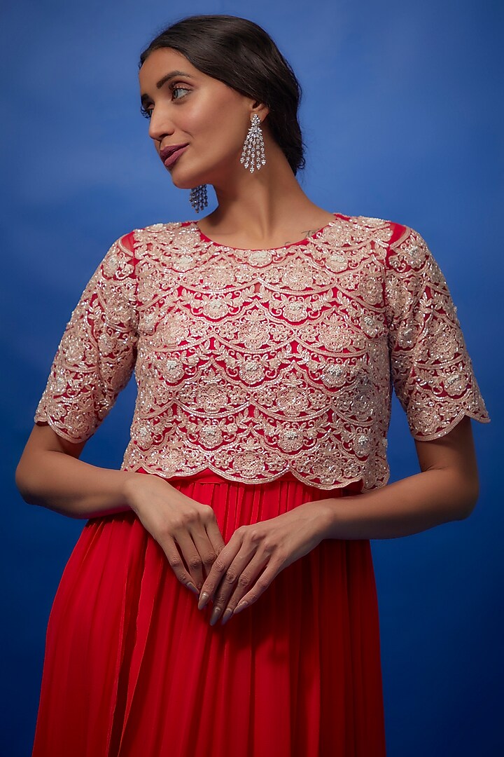Red Georgette & Net Cocktail Dress With Top by Summer by Priyanka Gupta at Pernia's Pop Up Shop