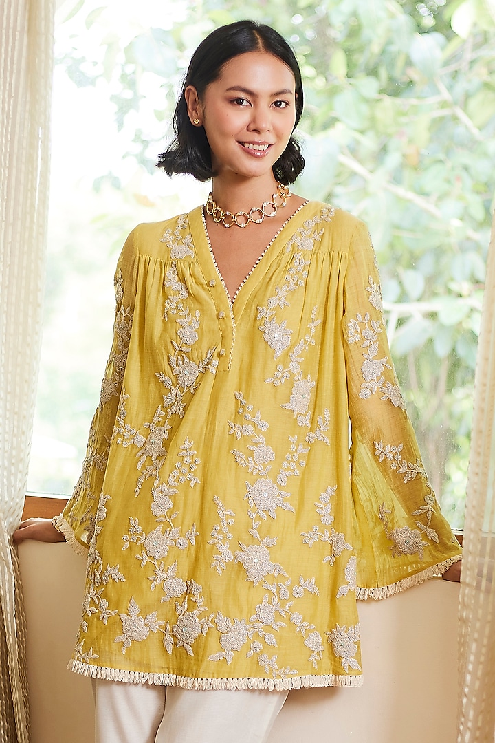 Fall Yellow Silk Mul Tunic by Summer by Priyanka Gupta at Pernia's Pop Up Shop