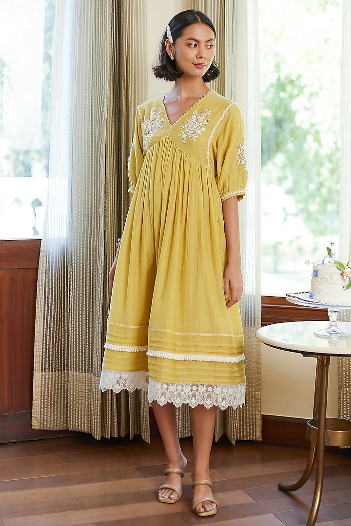 Fall Yellow Silk Mul Embroidered Midi Dress by Summer by Priyanka Gupta at Pernia's Pop Up Shop