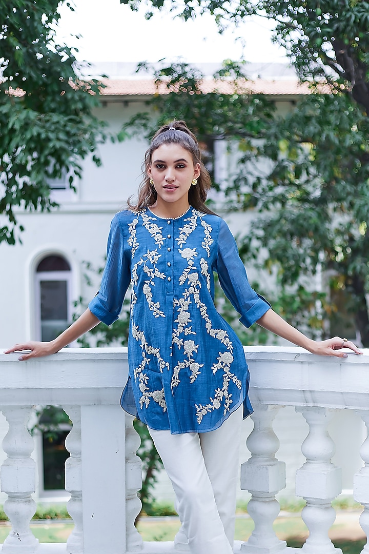 Ambar Blue Silk Mul Tunic by Summer by Priyanka Gupta at Pernia's Pop Up Shop