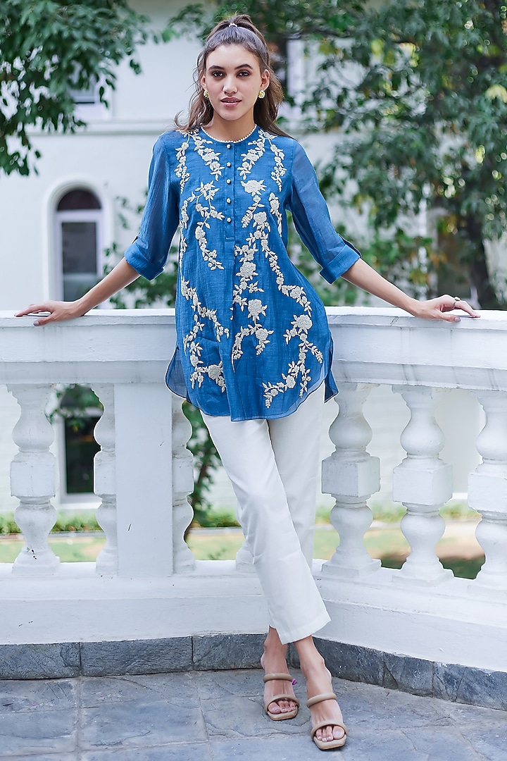 Ambar Blue Silk Mul Tunic by Summer by Priyanka Gupta at Pernia's Pop Up Shop