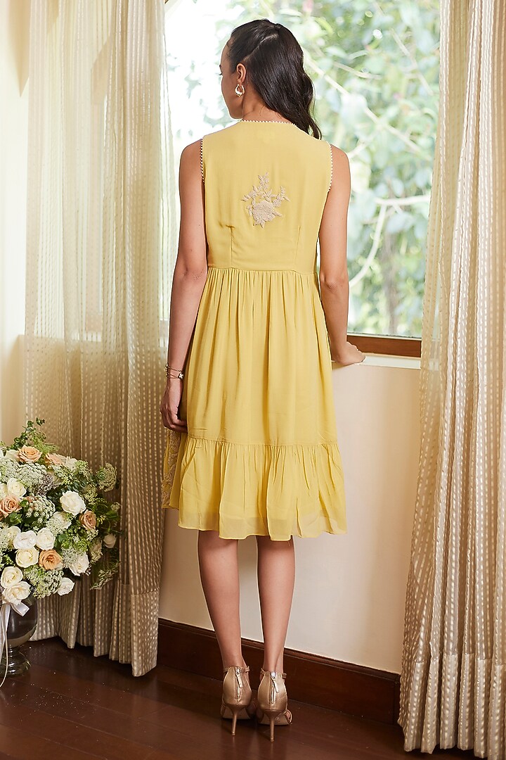 Fall Yellow Georgette Motif Work Vacation Dress by Summer by Priyanka Gupta at Pernia's Pop Up Shop
