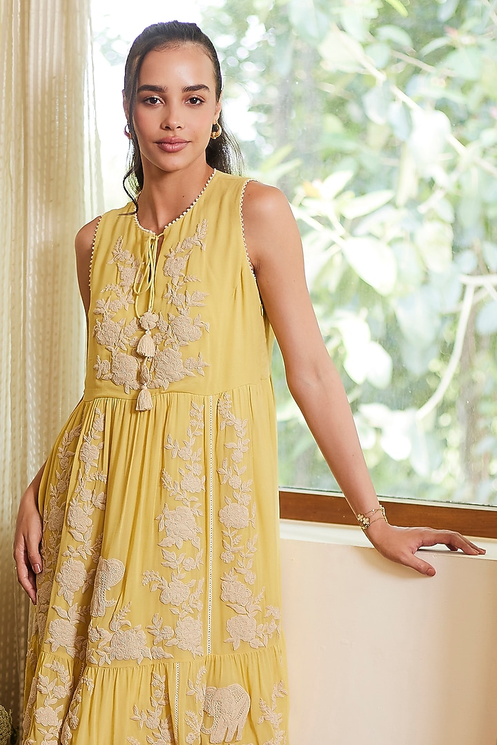 Fall Yellow Georgette Motif Work Vacation Dress by Summer by Priyanka Gupta at Pernia's Pop Up Shop