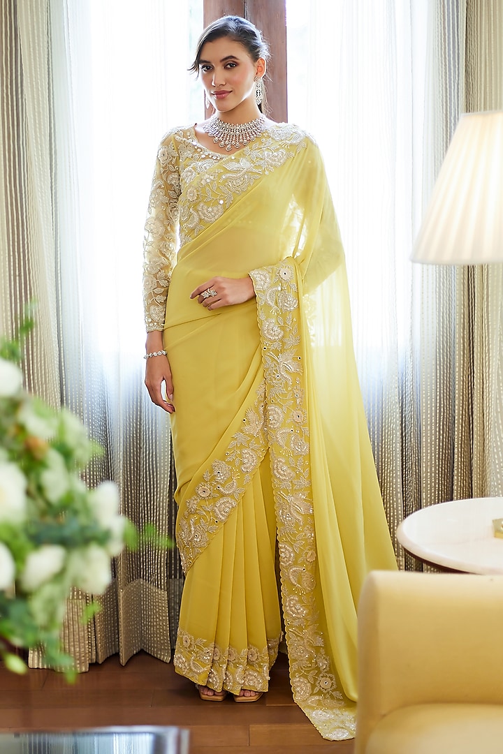 Fall Yellow Georgette Motif Embellished Saree Set by Summer by Priyanka Gupta at Pernia's Pop Up Shop