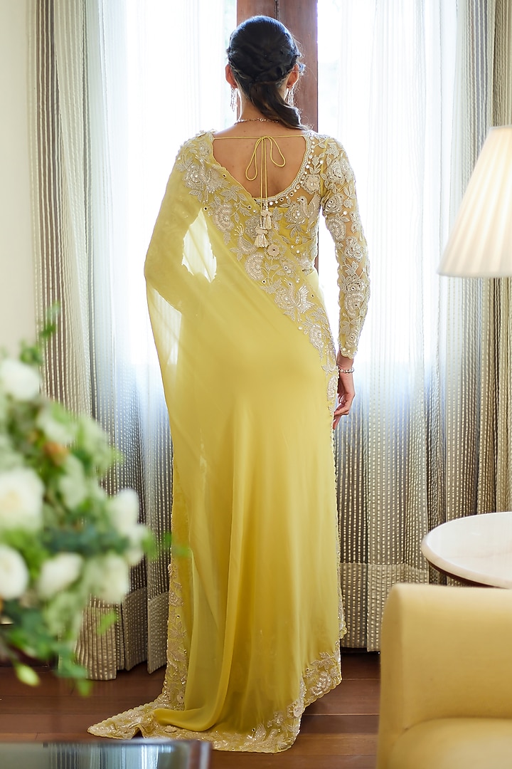 Fall Yellow Georgette Motif Embellished Wedding Saree Set by Summer by Priyanka Gupta at Pernia's Pop Up Shop