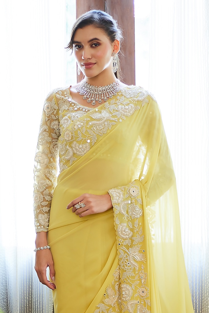Fall Yellow Georgette Motif Embellished Wedding Saree Set by Summer by Priyanka Gupta at Pernia's Pop Up Shop