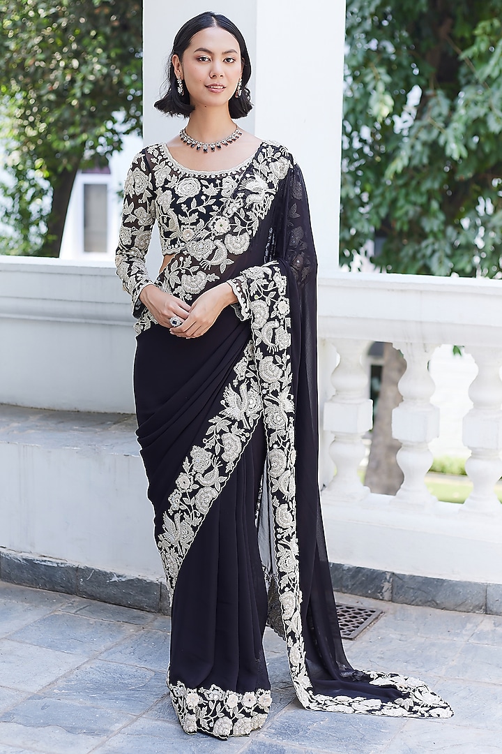 Black Georgette Motif Embellished Saree Set by Summer by Priyanka Gupta at Pernia's Pop Up Shop