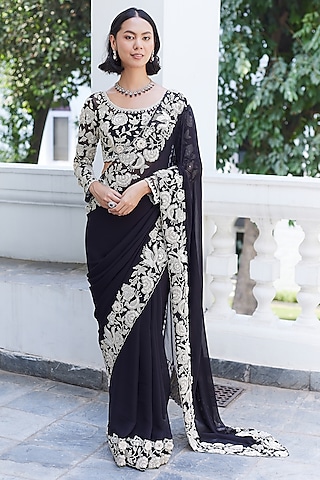 Black Georgette Motif Embellished Saree Set by Summer by Priyanka Gupta