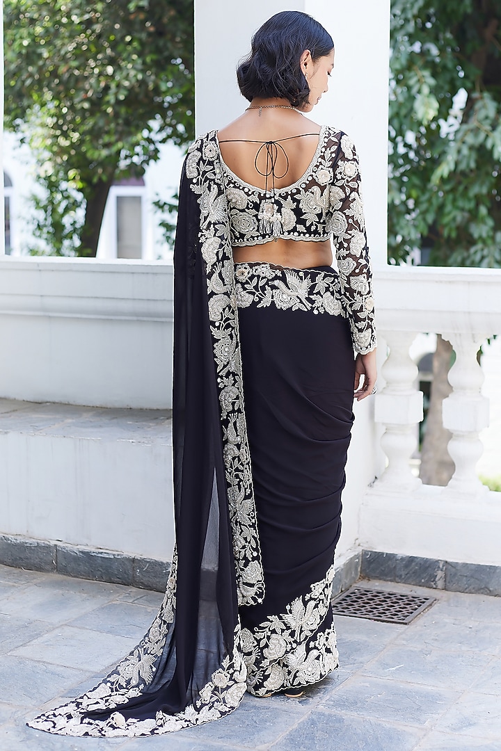 Black Georgette Motif Embellished Wedding Saree Set by Summer by Priyanka Gupta at Pernia's Pop Up Shop