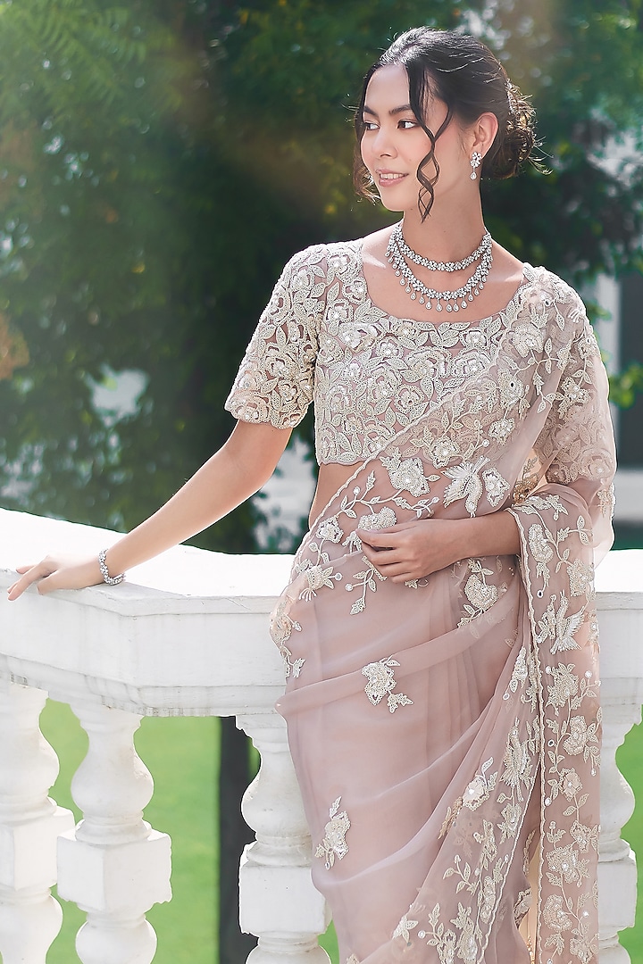 Fall Pink Organza Mirror Work Wedding Saree Set by Summer by Priyanka Gupta at Pernia's Pop Up Shop
