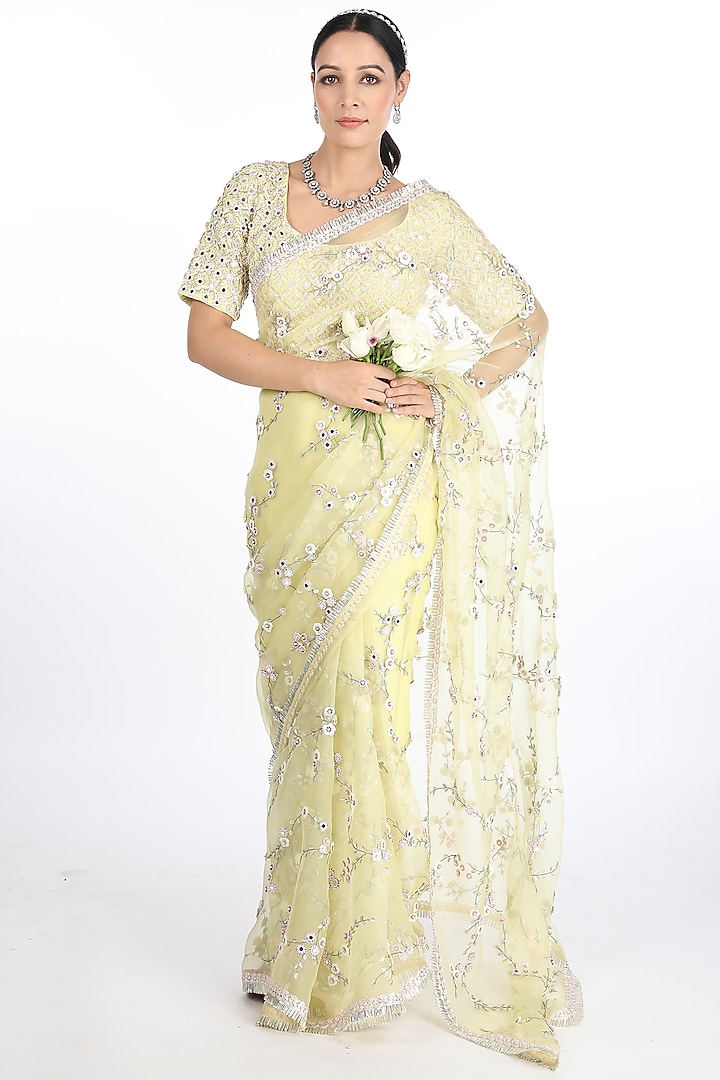 Light Lime Embroidered Saree Set by Summer by Priyanka Gupta at Pernia's Pop Up Shop