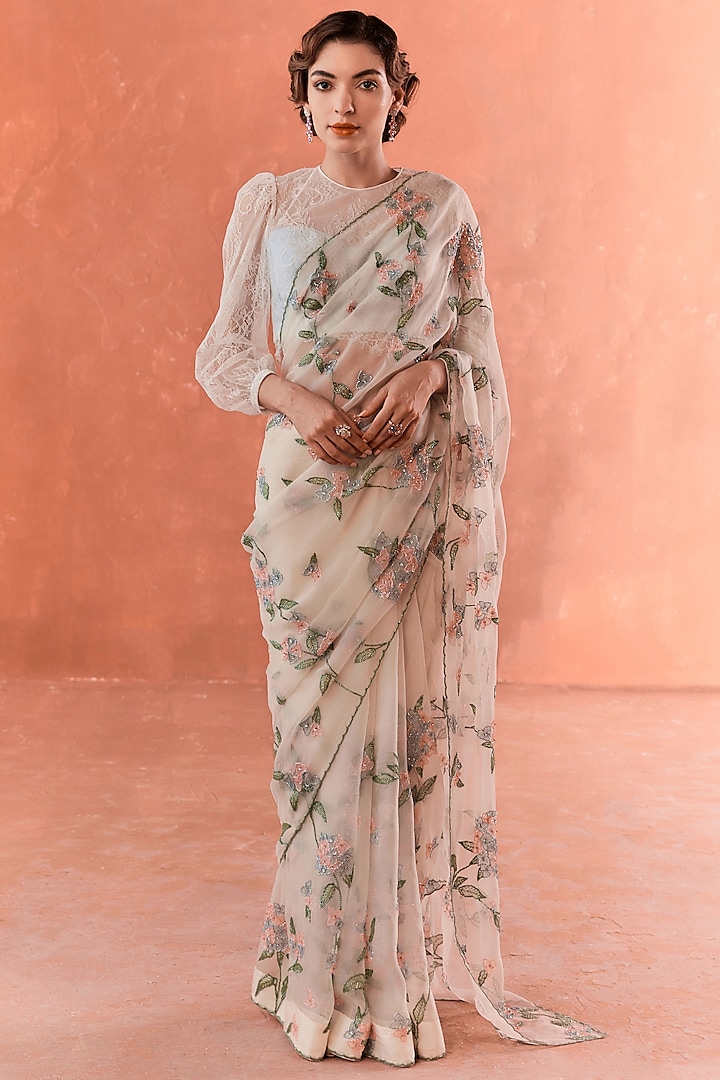 Ivory Organza Embroidered Saree Set by Summer by Priyanka Gupta