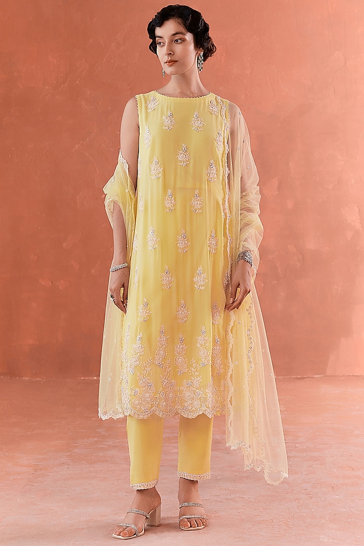 Yellow Georgette Embroidered A-Line Kurta Set by Summer by Priyanka Gupta