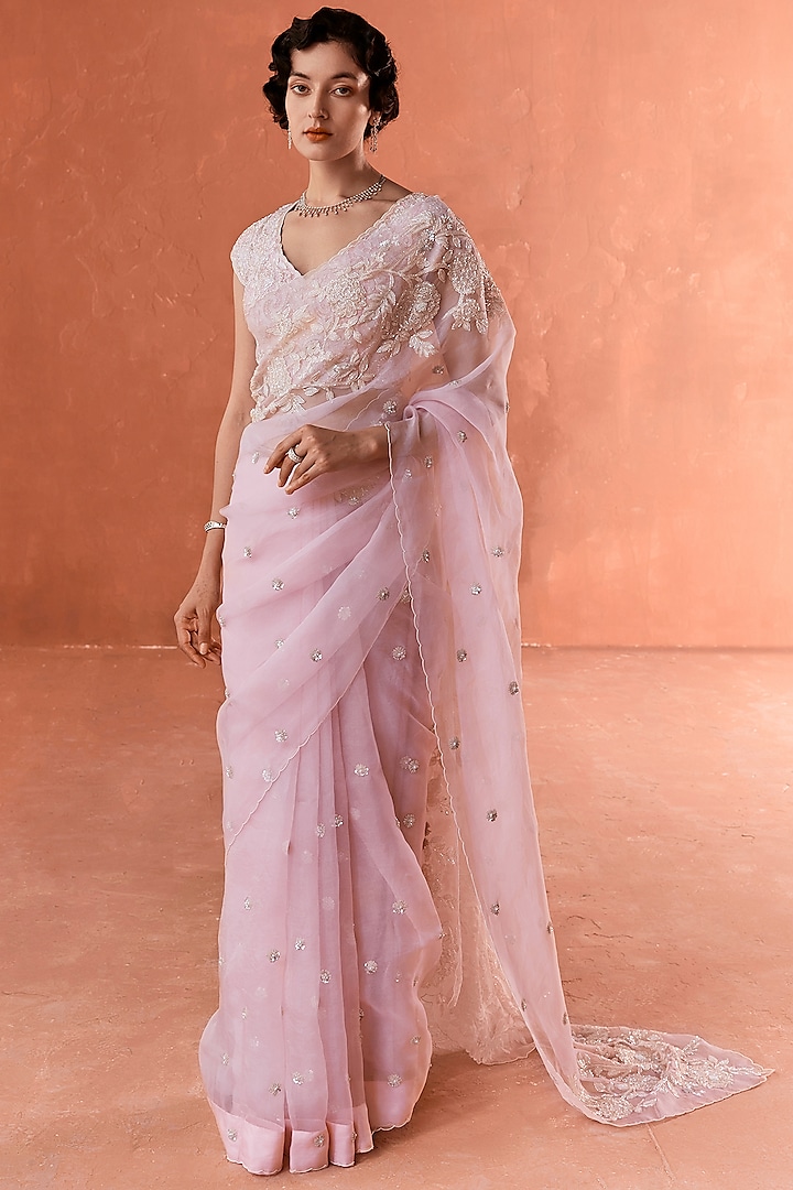 Pink Organza Embroidered Saree Set by Summer by Priyanka Gupta