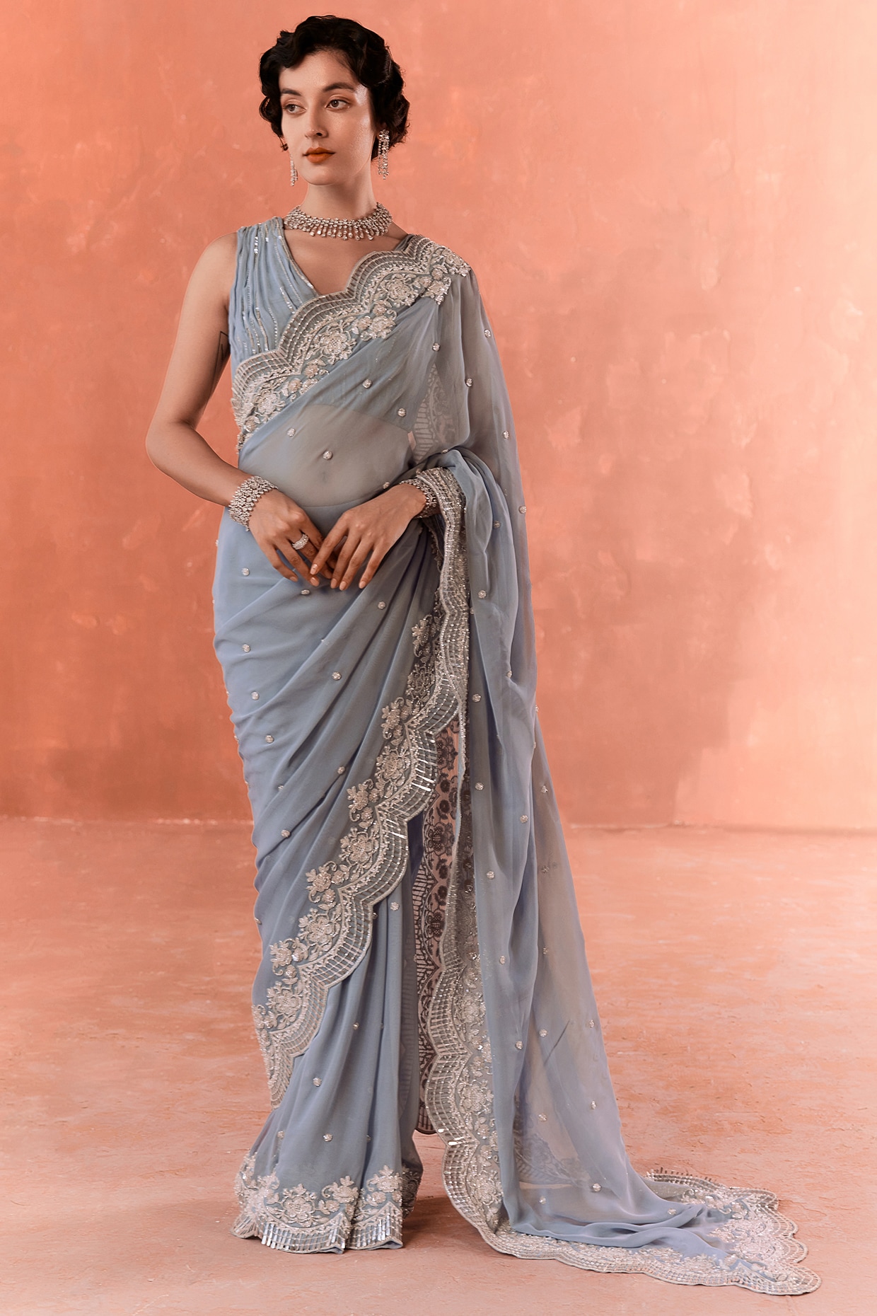 Stone Work Wine Color Classic Saree