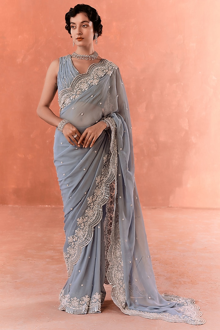 Stone Blue Georgette Embroidered Saree Set by Summer by Priyanka Gupta