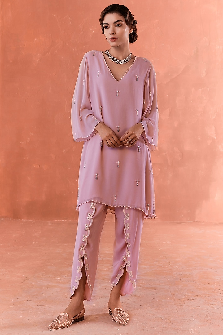 Pink Georgette Embellished Co-Ord Set by Summer by Priyanka Gupta