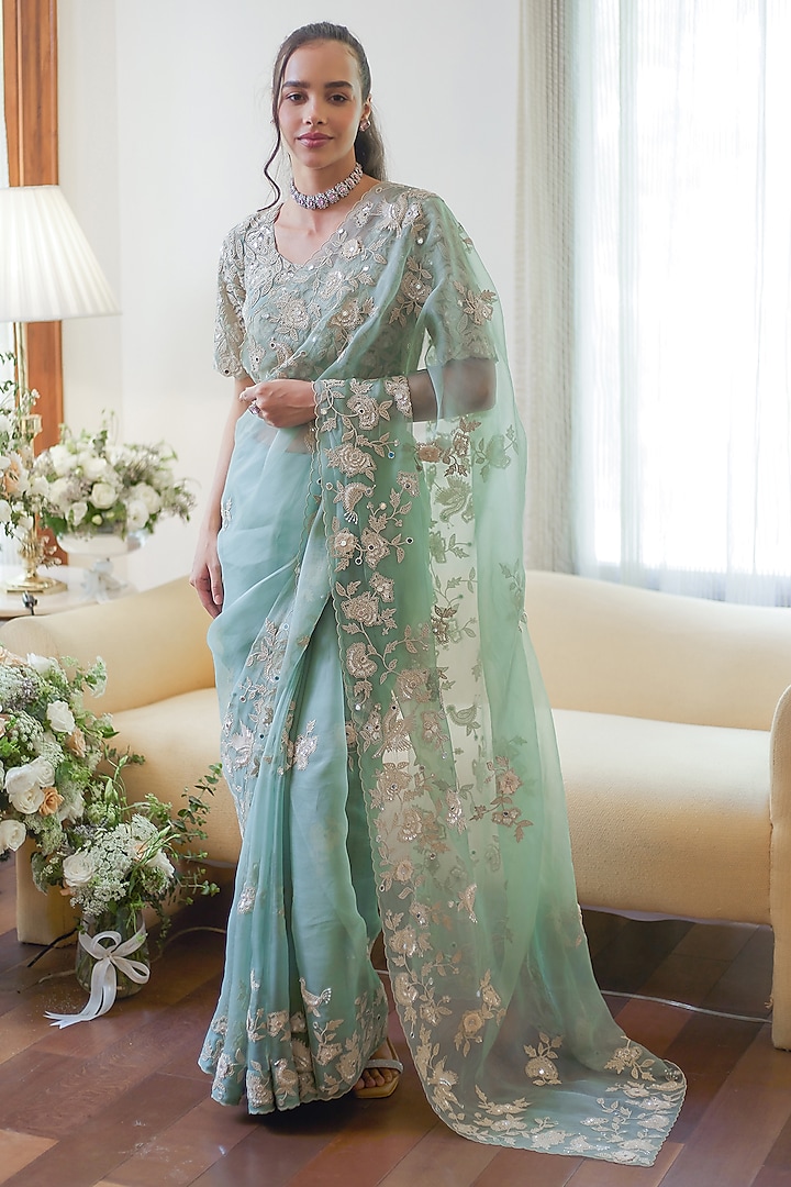 Fall Green Organza Dori & Mirror Embroidered Saree Set by Summer by Priyanka Gupta at Pernia's Pop Up Shop