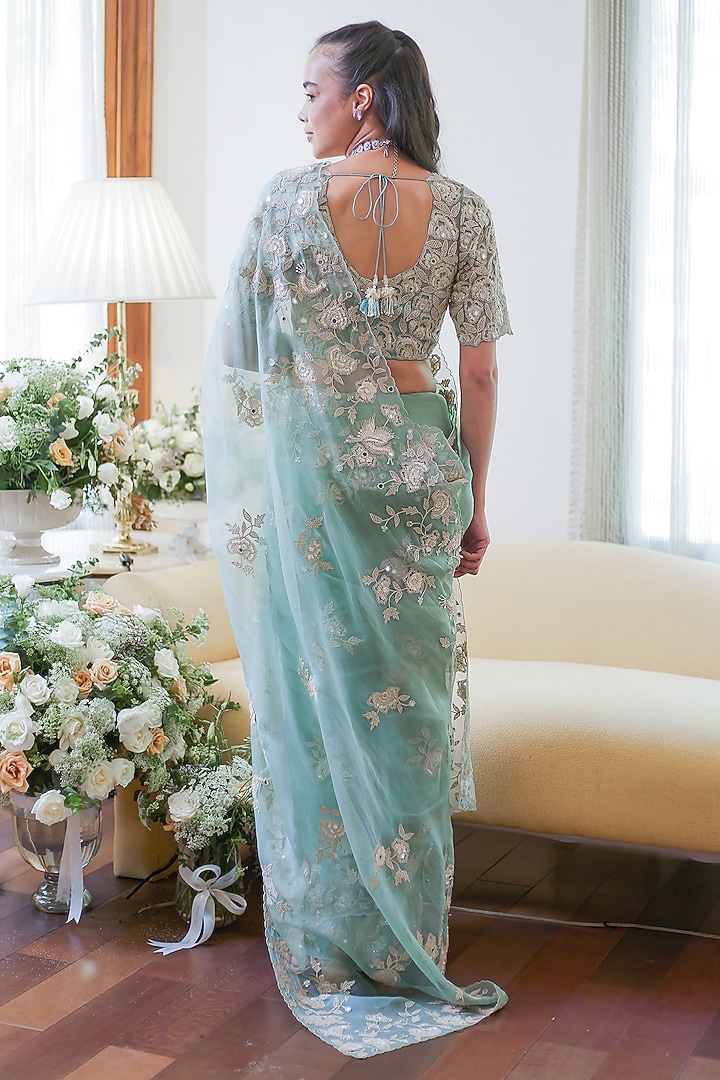 Fall Green Organza Dori & Mirror Embroidered Wedding Saree Set by Summer by Priyanka Gupta at Pernia's Pop Up Shop