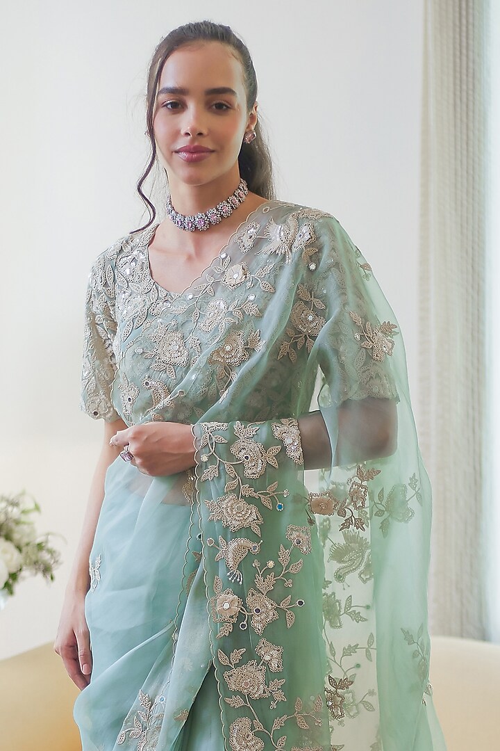 Fall Green Organza Dori & Mirror Embroidered Wedding Saree Set by Summer by Priyanka Gupta at Pernia's Pop Up Shop
