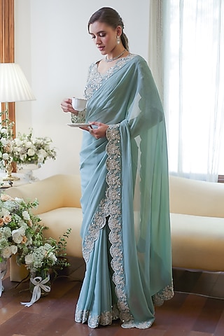 Fall Green Georgette Glass Beads Embroidered Saree Set by Summer by Priyanka Gupta
