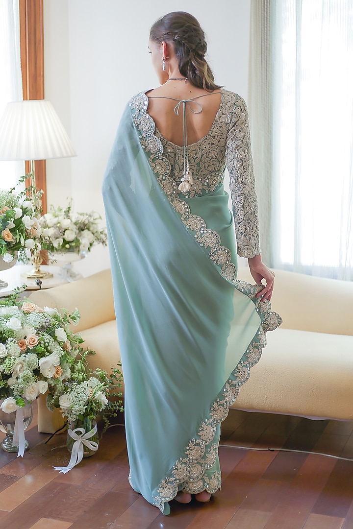 Fall Green Georgette Glass Beads Embroidered Wedding Saree Set by Summer by Priyanka Gupta at Pernia's Pop Up Shop
