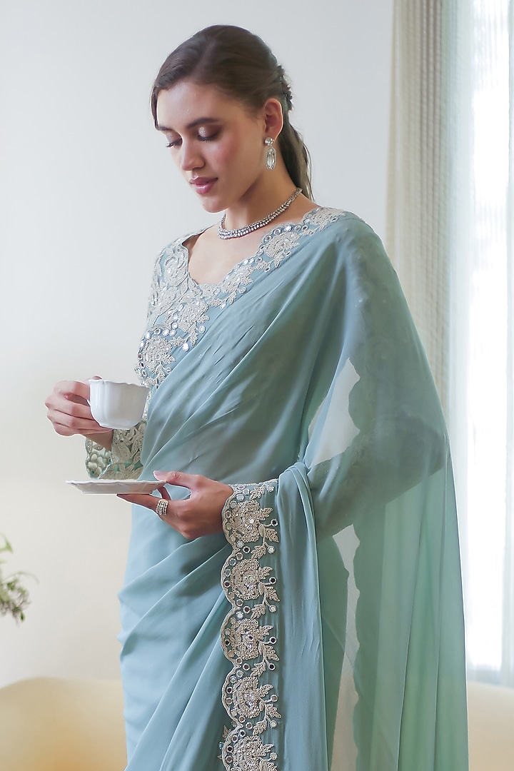 Fall Green Georgette Glass Beads Embroidered Wedding Saree Set by Summer by Priyanka Gupta at Pernia's Pop Up Shop
