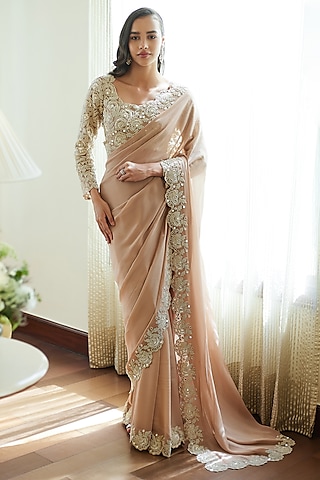 Fall Pink Georgette Glass Beads Embroidered Saree Set by Summer by Priyanka Gupta