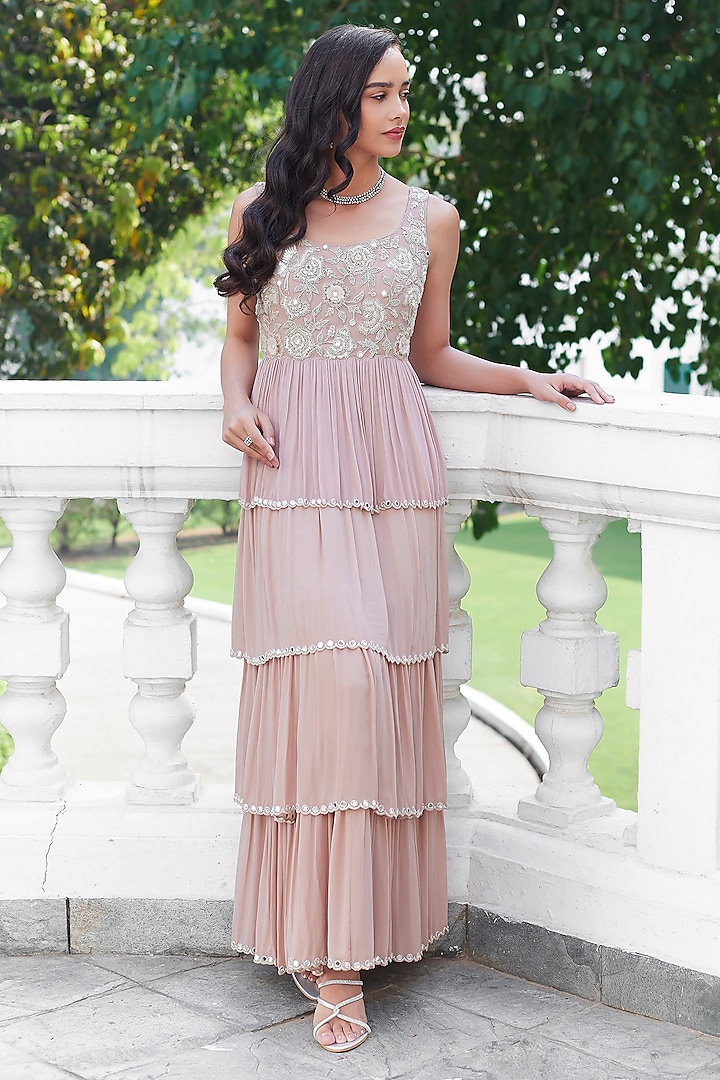 Fall Pink Georgette Dori Embroidered Tiered Maxi Dress by Summer by Priyanka Gupta at Pernia's Pop Up Shop