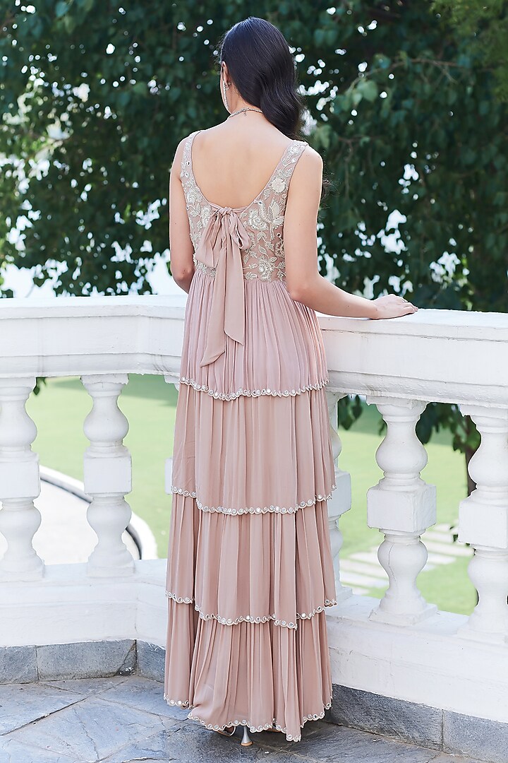 Fall Pink Georgette Dori Embroidered Tiered Maxi Cocktail Dress by Summer by Priyanka Gupta at Pernia's Pop Up Shop