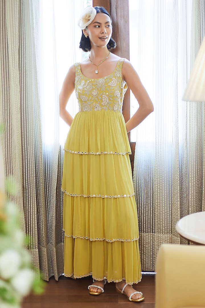 Fall Yellow Georgette Dori Embroidered Tiered Maxi Dress by Summer by Priyanka Gupta at Pernia's Pop Up Shop