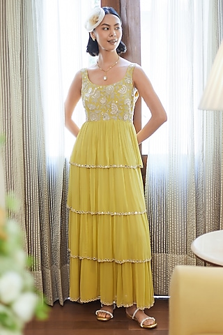Fall Yellow Georgette Dori Embroidered Tiered Maxi Dress by Summer by Priyanka Gupta