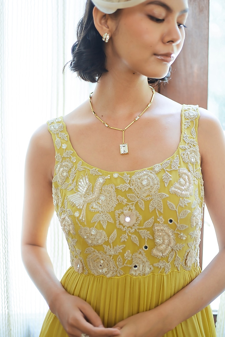 Fall Yellow Georgette Dori Embroidered Tiered Maxi Cocktail Dress by Summer by Priyanka Gupta at Pernia's Pop Up Shop