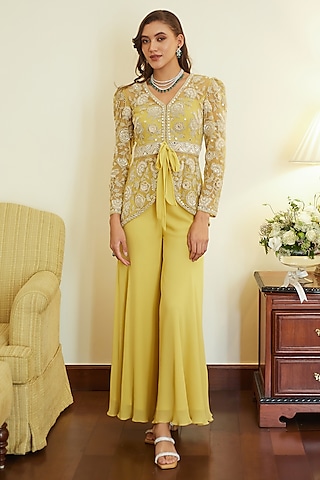 Fall Yellow Georgette Glass Pipes Embroidered Jacket Set by Summer by Priyanka Gupta