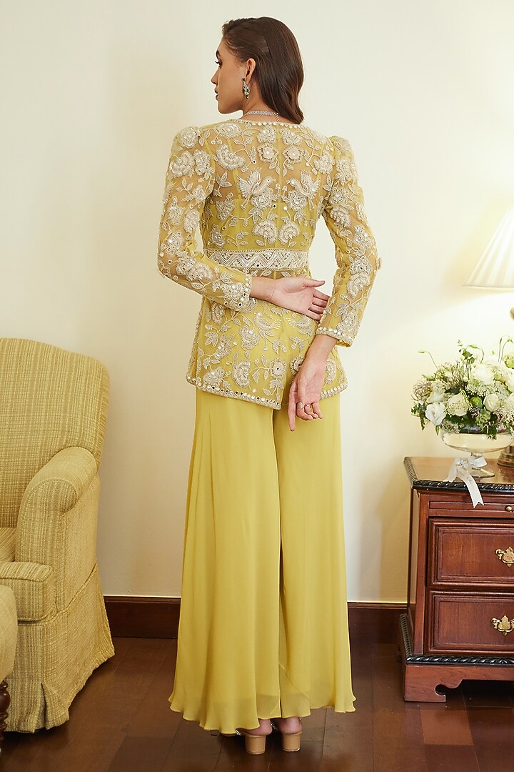Fall Yellow Georgette Glass Pipes Embroidered Jacket Set by Summer by Priyanka Gupta at Pernia's Pop Up Shop