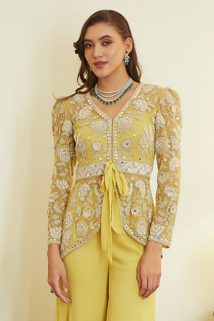 Fall Yellow Georgette Glass Pipes Embroidered Jacket Set by Summer by Priyanka Gupta at Pernia's Pop Up Shop