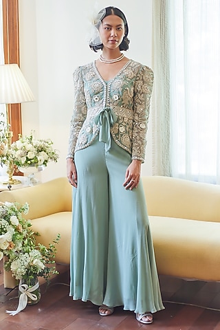 Fall Green Georgette Glass Pipes Embroidered Jacket Set by Summer by Priyanka Gupta