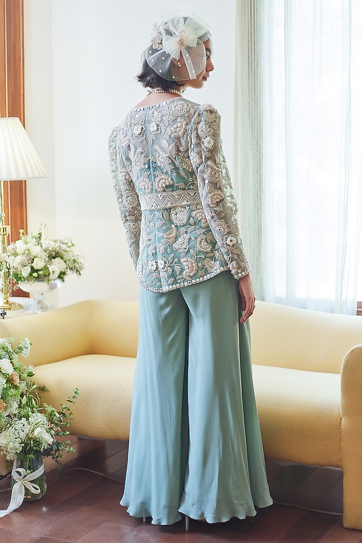 Fall Green Georgette Glass Pipes Embroidered Jacket Set by Summer by Priyanka Gupta at Pernia's Pop Up Shop