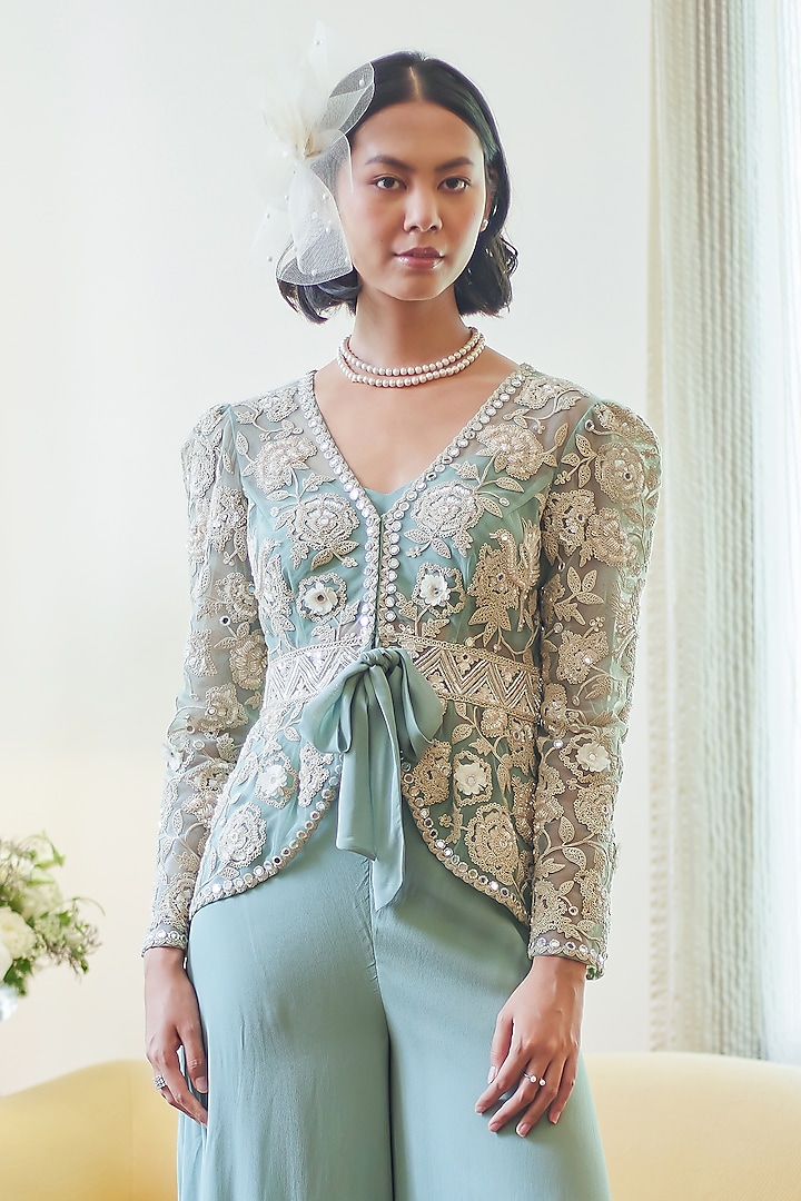 Fall Green Georgette Glass Pipes Embroidered Jacket Set by Summer by Priyanka Gupta at Pernia's Pop Up Shop