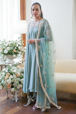 Fall Green Georgette Anarkali Set by Summer by Priyanka Gupta