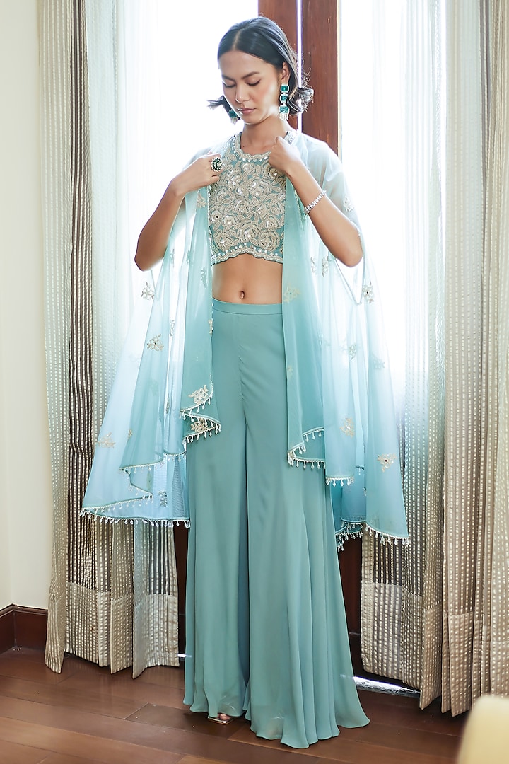 Fall Green Georgette Sharara Set by Summer by Priyanka Gupta at Pernia's Pop Up Shop