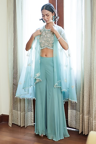 Fall Green Georgette Sharara Set by Summer by Priyanka Gupta