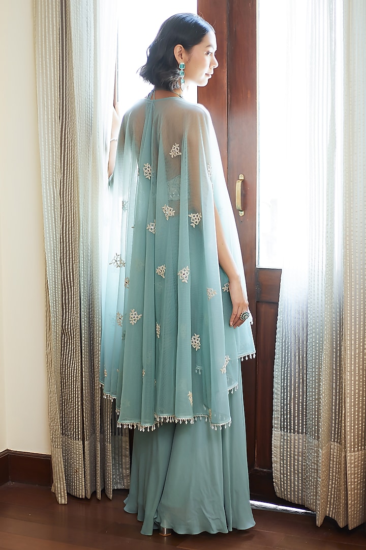 Fall Green Georgette Wedding Sharara Set by Summer by Priyanka Gupta at Pernia's Pop Up Shop