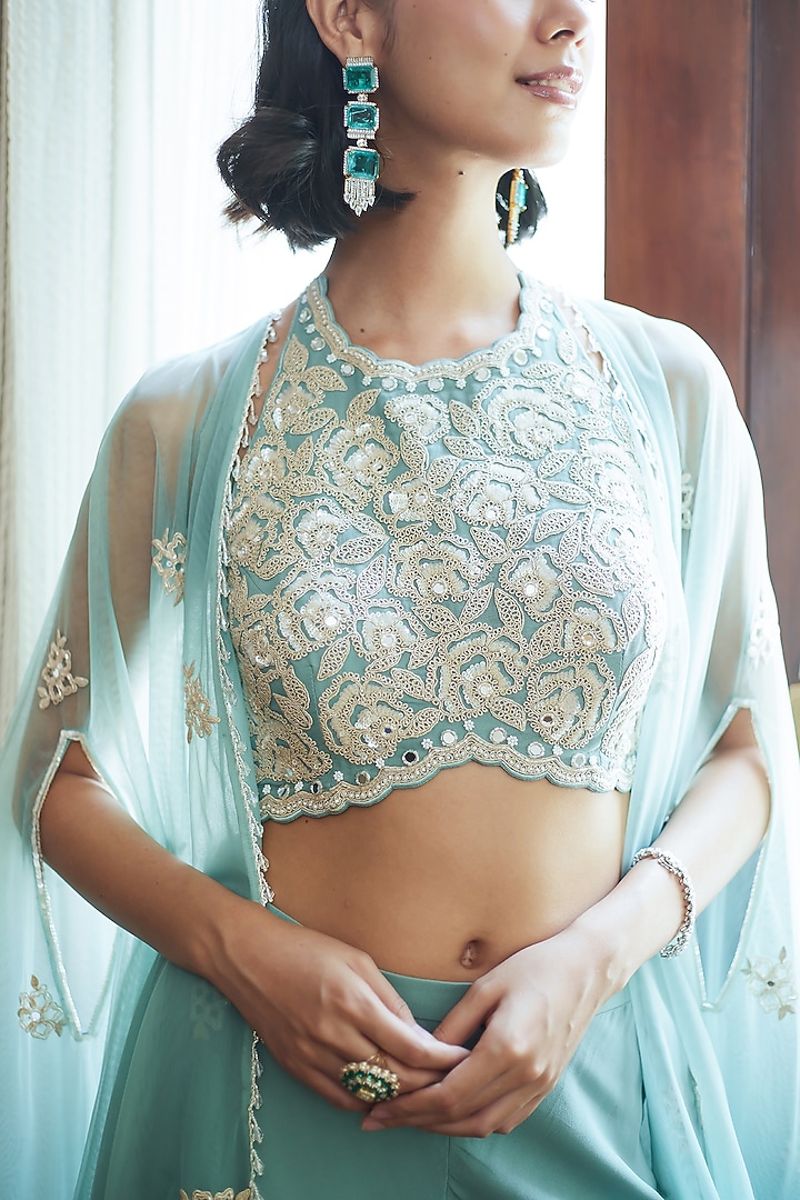 Fall Green Georgette Wedding Sharara Set by Summer by Priyanka Gupta at Pernia's Pop Up Shop
