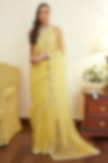 Fall Yellow Organza Mirror Embroidered Saree Set by Summer by Priyanka Gupta at Pernia's Pop Up Shop